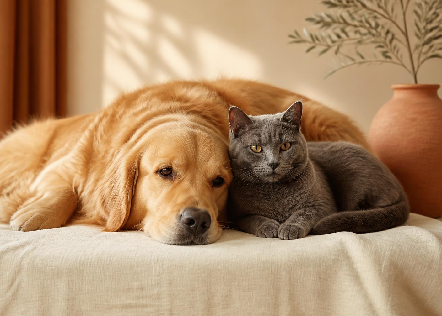 A dog and a cat resting together in warm afternoon light